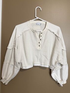 Free People Ivory Cropped Henley Sweatshirt